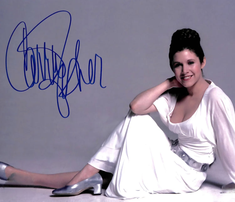 Carrie Fisher signed photo Star Wars scene sitting in white dress Boston memorabilia
