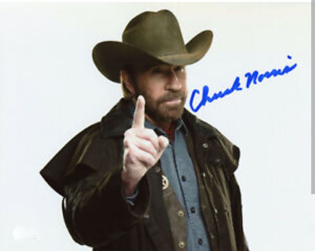 Chuck Norris signed photo finger up Boston Memorabilia