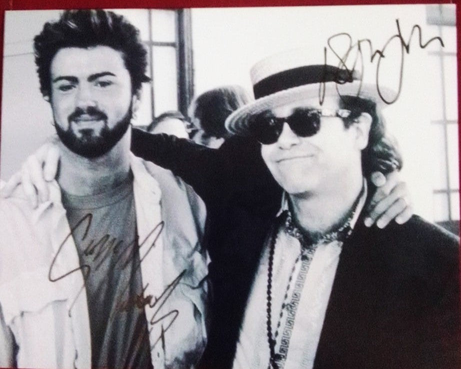 ELTON JOHN GEORGE MICHAEL Signed autographed Photo COA Hologram black and white image
