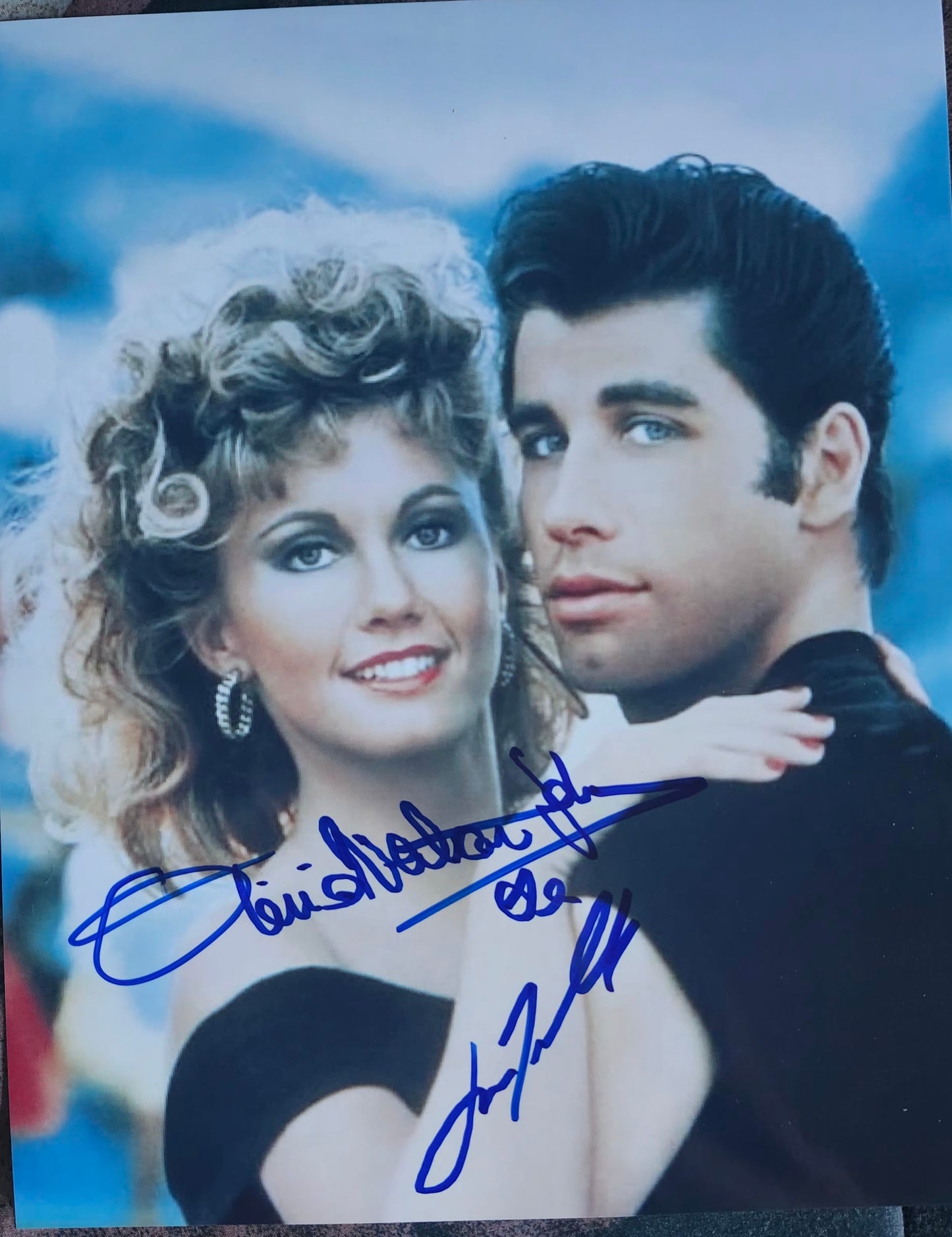 Grease cast signed photo Olivia Travolta Close hug