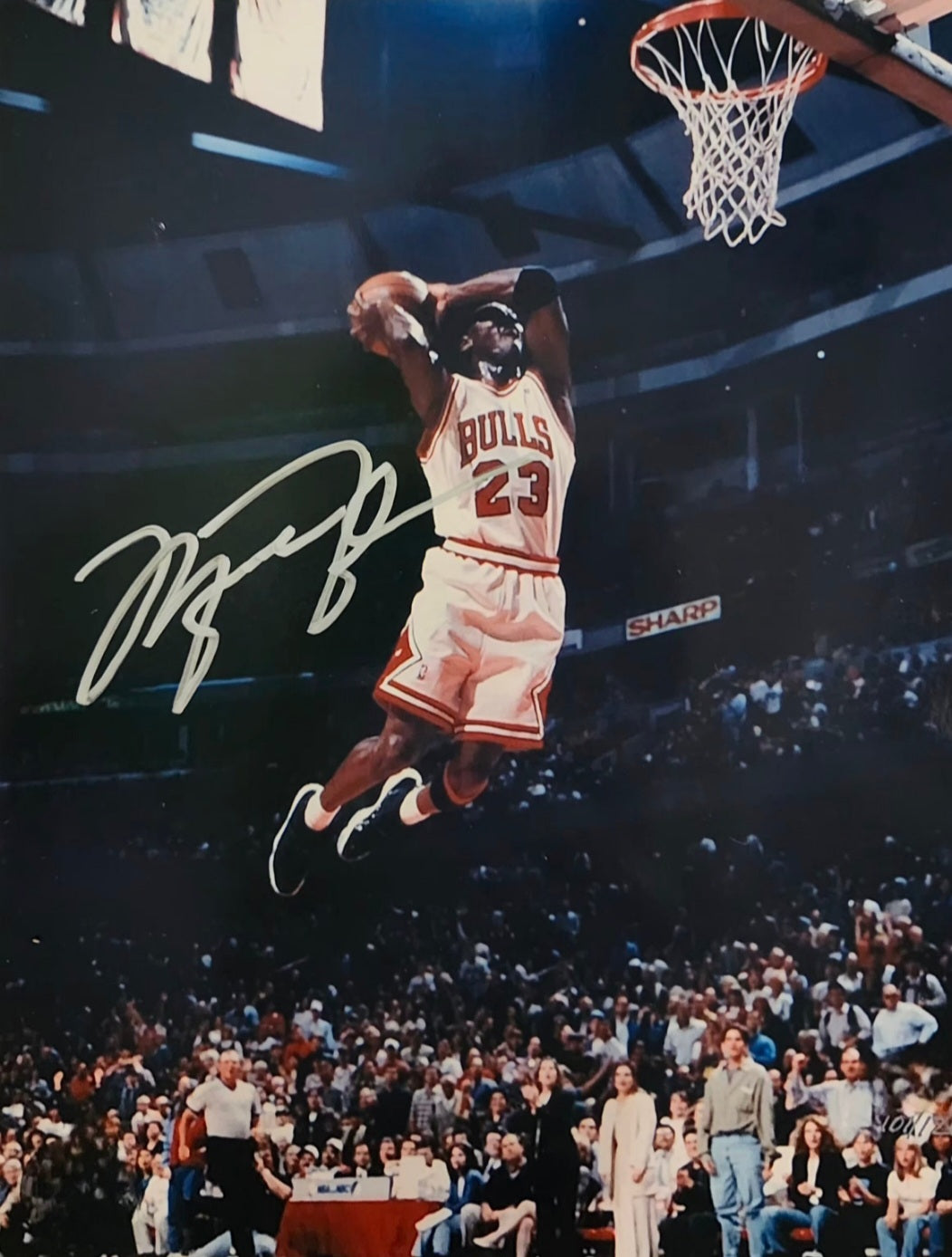 Michael Jordan high flying slam dunk photo and silver marker