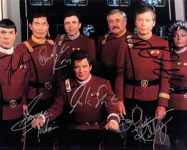 Star Trek cast signed photo silver marker wearing red uniforms