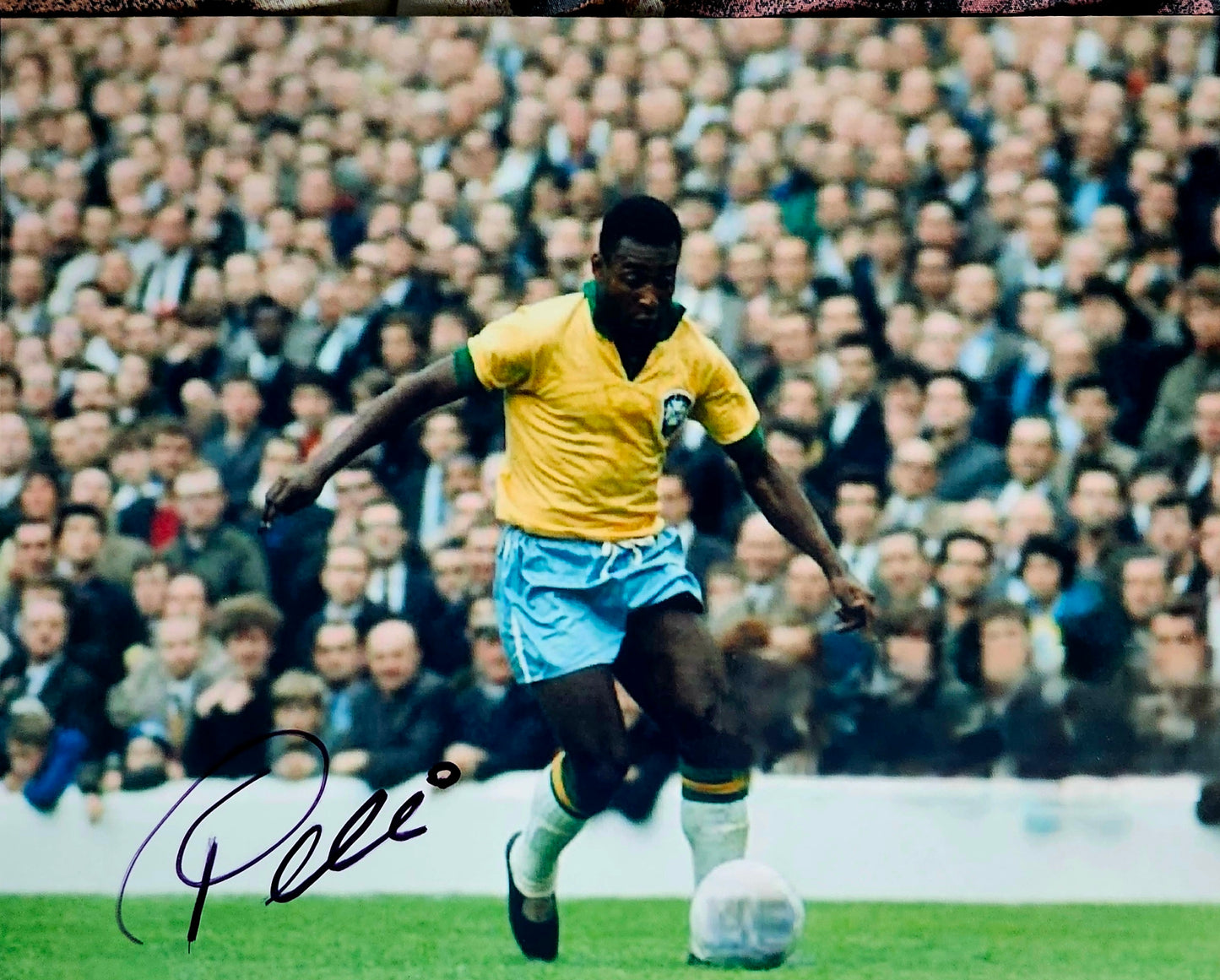 Pele signed photo running with ball Boston memorabilia