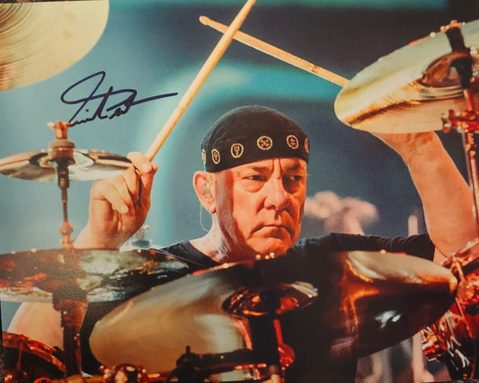 Neil Peart signed photo black marker playing the drums