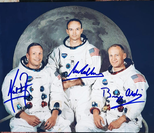 Apollo 11 crew signed photo in front of the Moon