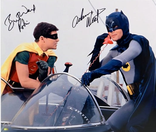 Batman and Robin signed photo riding motorcycle