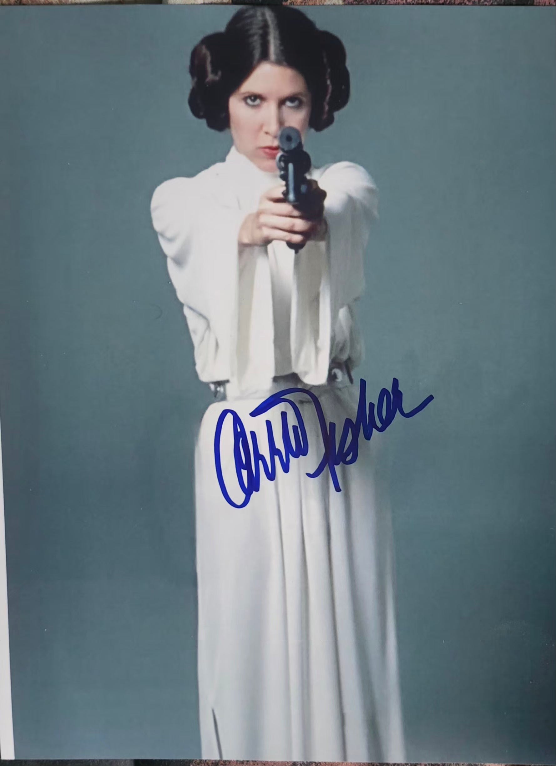 Carrie Fisher signed photo Star Wars pointing gun
