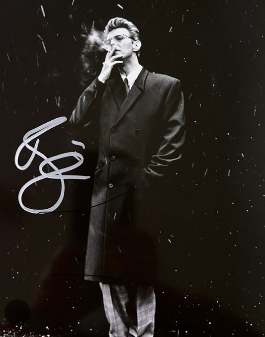 David Bowie signed photo smoking cigarette silver marker black coat black background