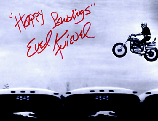 Evel Knievel signed photo motorcycle jump black marker