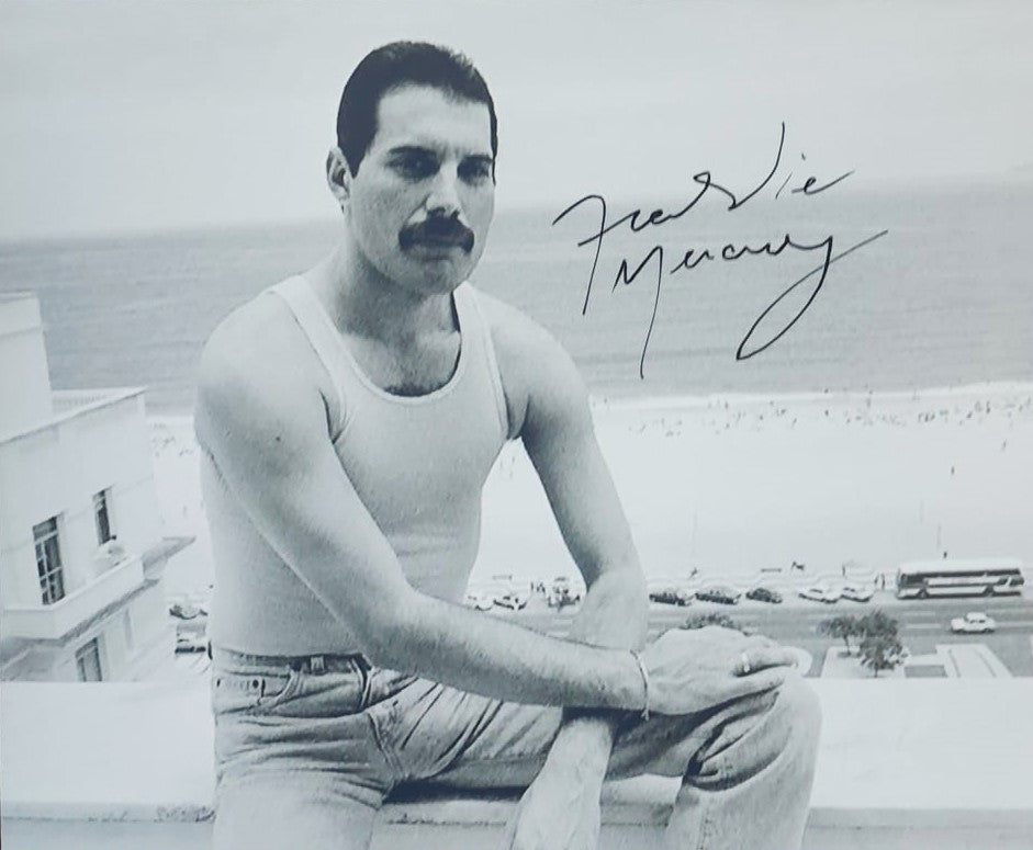 Freddie Mercury side photo sitting on edge by Seaside