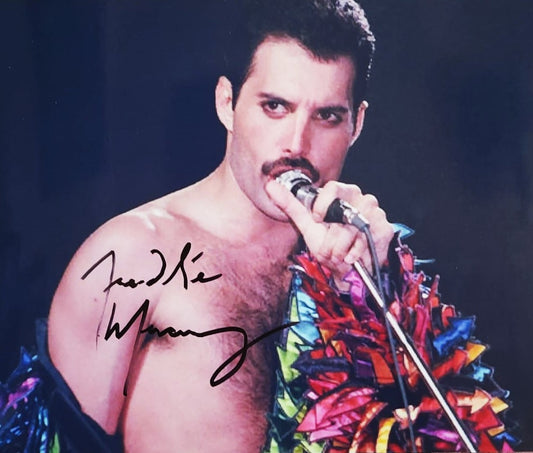 Freddie Mercury signed photo singing shirtless on stage