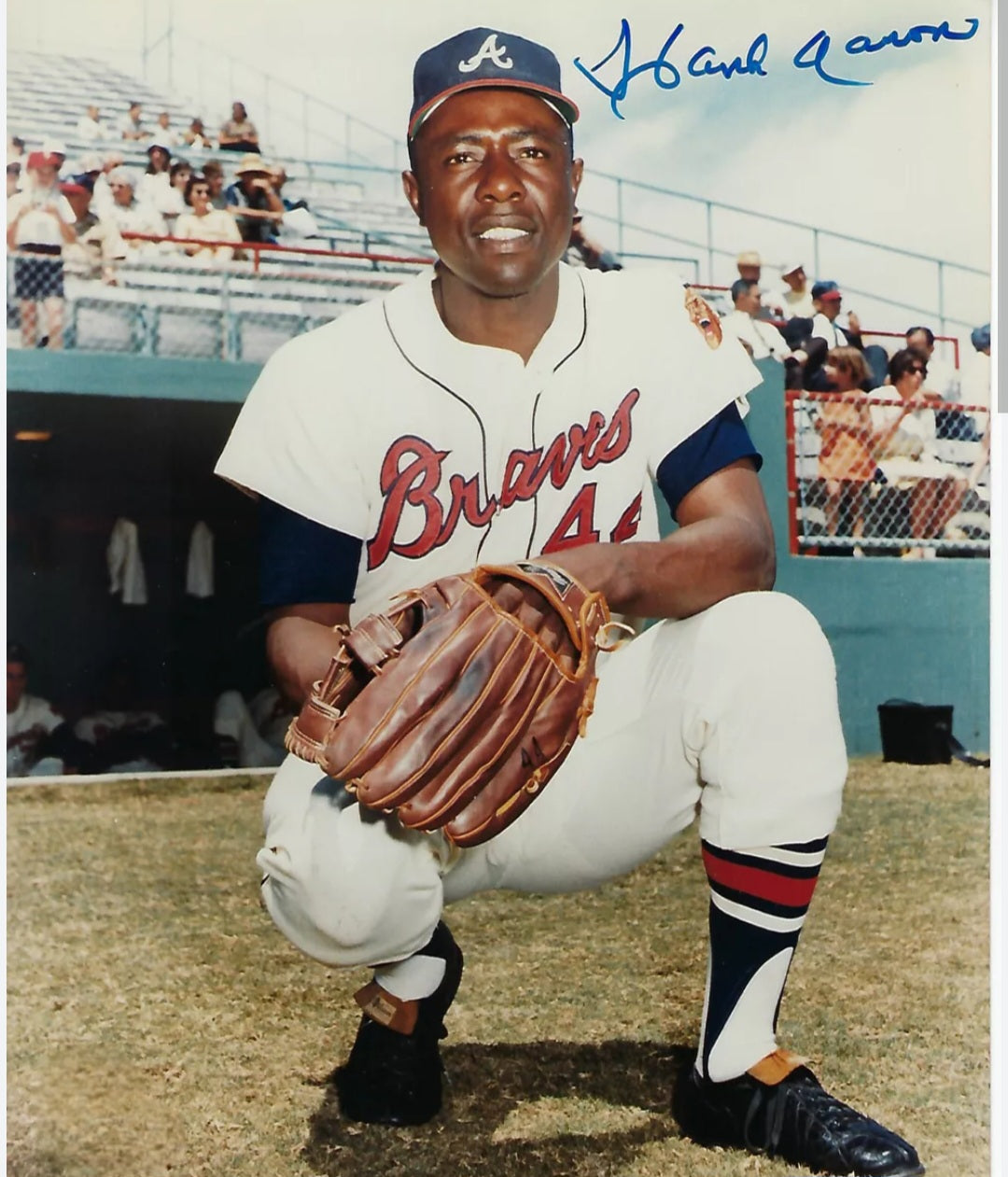 Hank Aaron with catchers glove signed photo