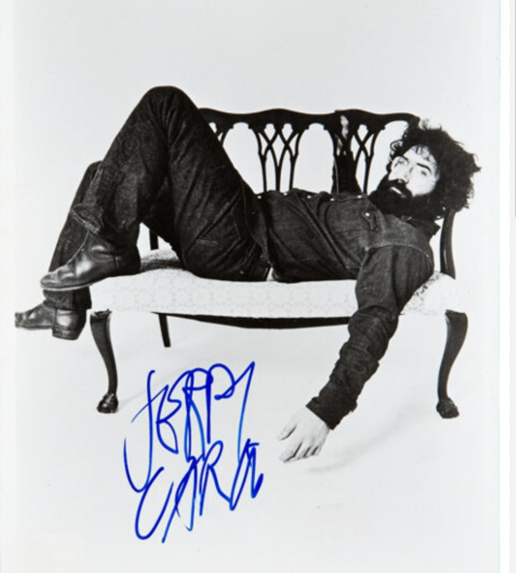 Jerry Garcia signed photo lazy day laying in chair blue marker black and white