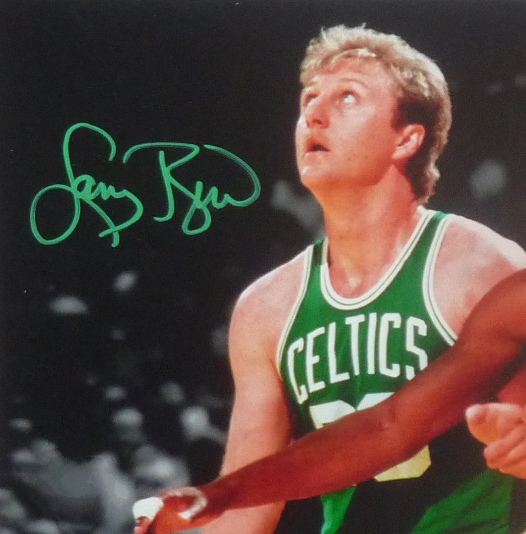 Larry Bird signed photo gold marker in action