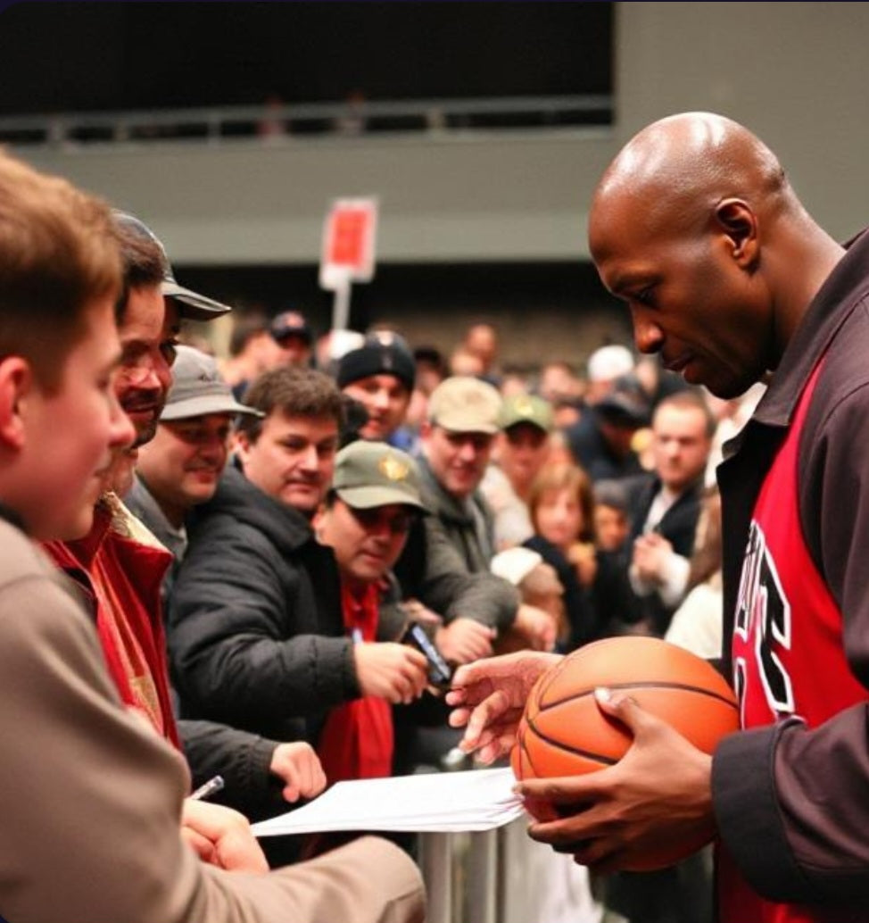Michael Jordan autographing basketball for a crowd of people at event