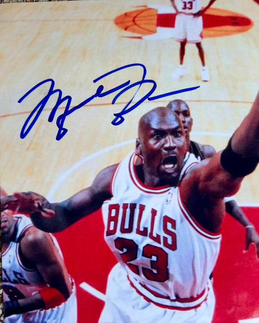 Michael Jordan signed photo blue marker head to the rim