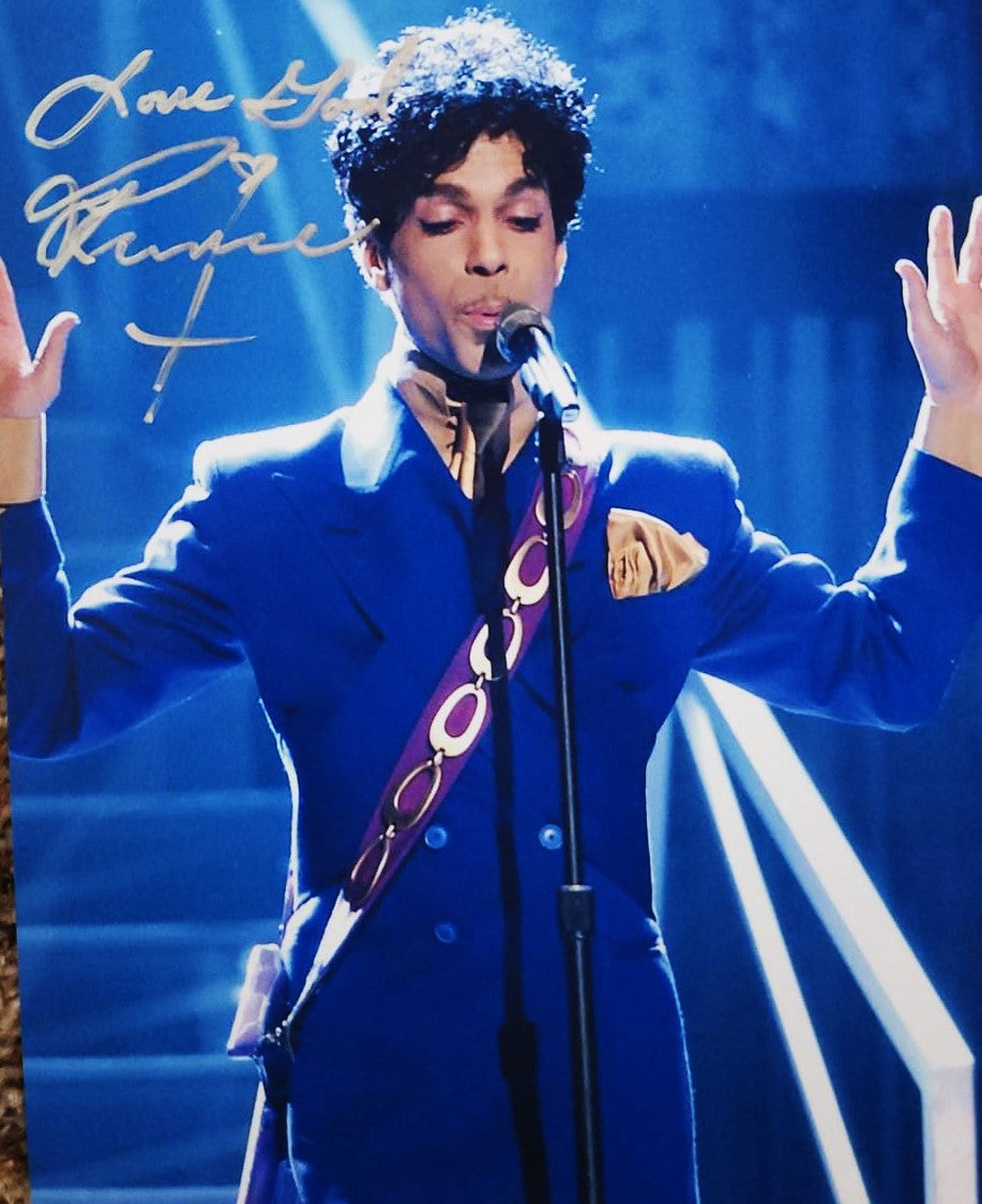 Prince autographed signed photo silver marker singing on stage in purple suit