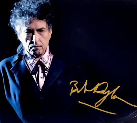 Bob Dylan signed photo black background gold marker Boston memorabilia