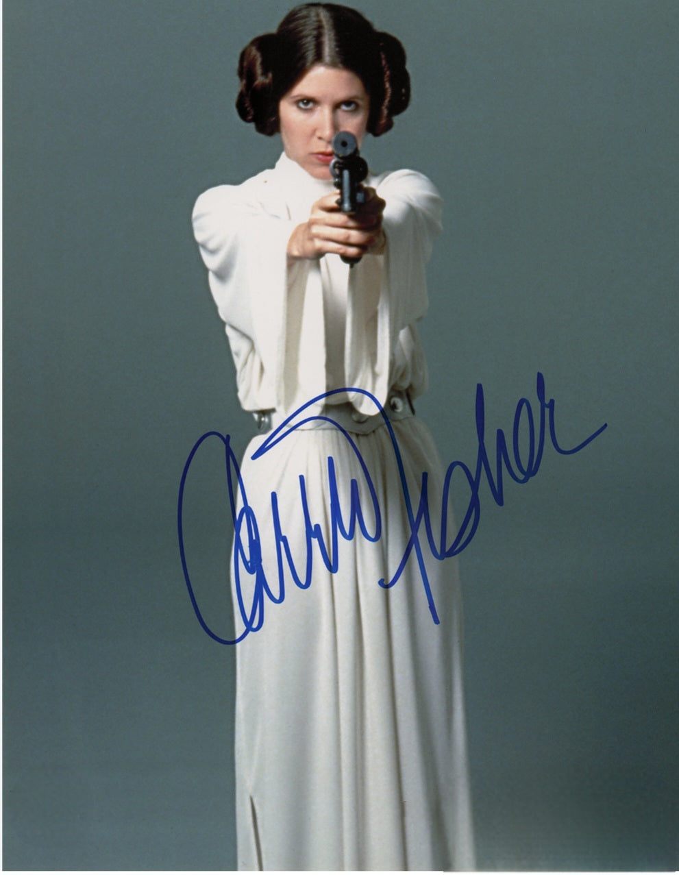 Carrie Fisher signed photo Star Wars action scene pointing laser gun