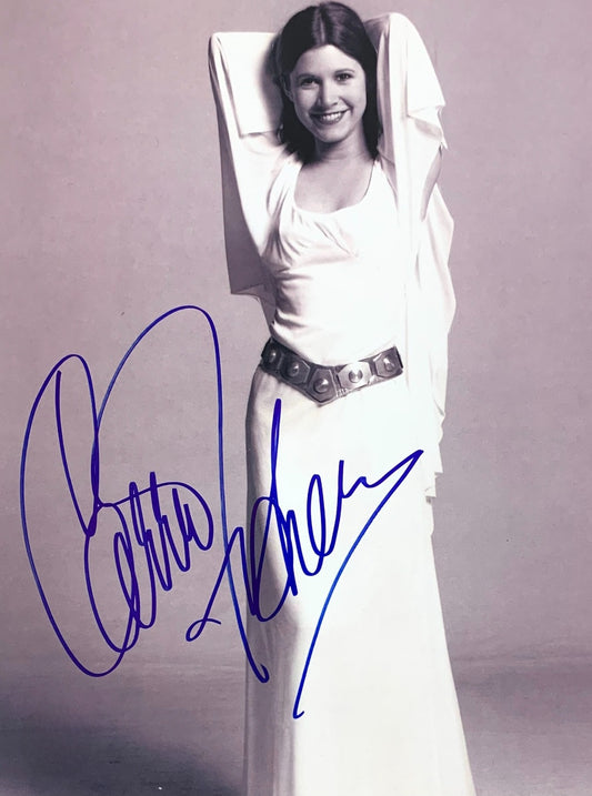 Carrie Fisher signed photo posing scene white robe