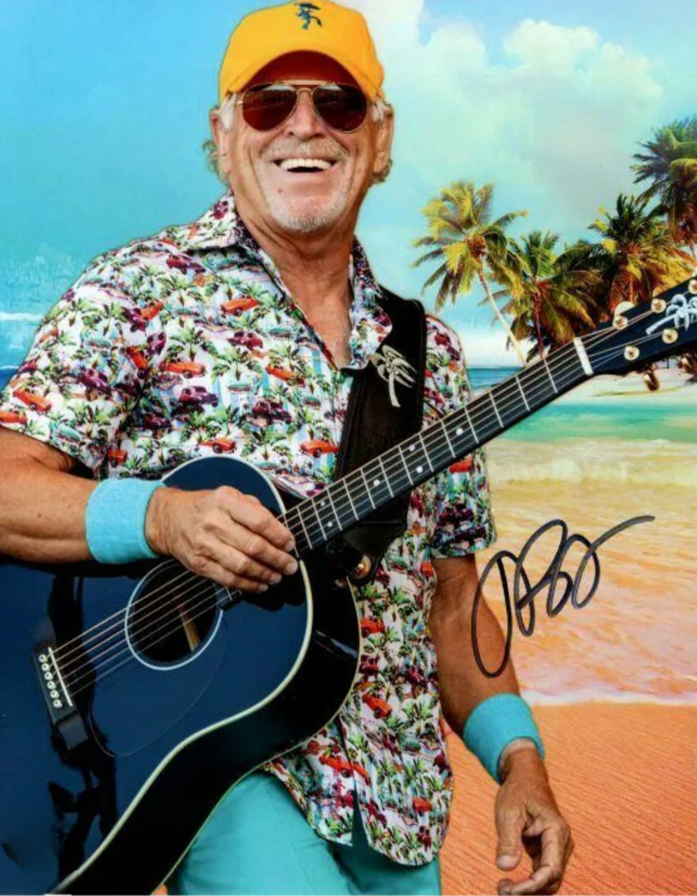 Jimmy Buffett signed photo parrot head with guitar