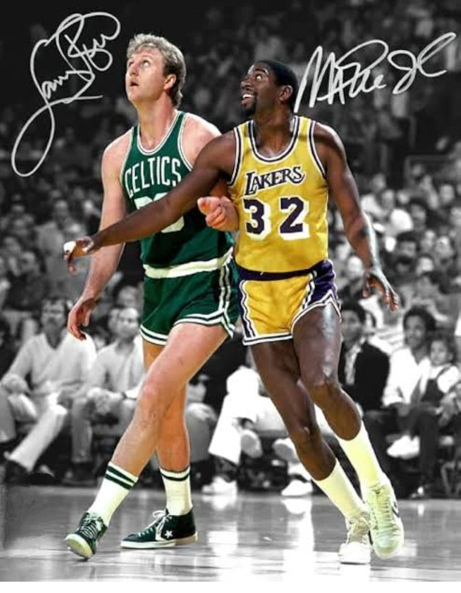 Larry Bird Magic Johnson signed photo silver marker Boston memorabilia