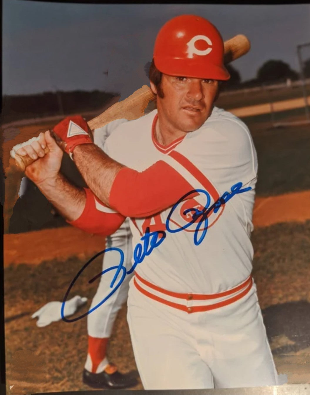 Pete Rose signed autographed photo bat swing