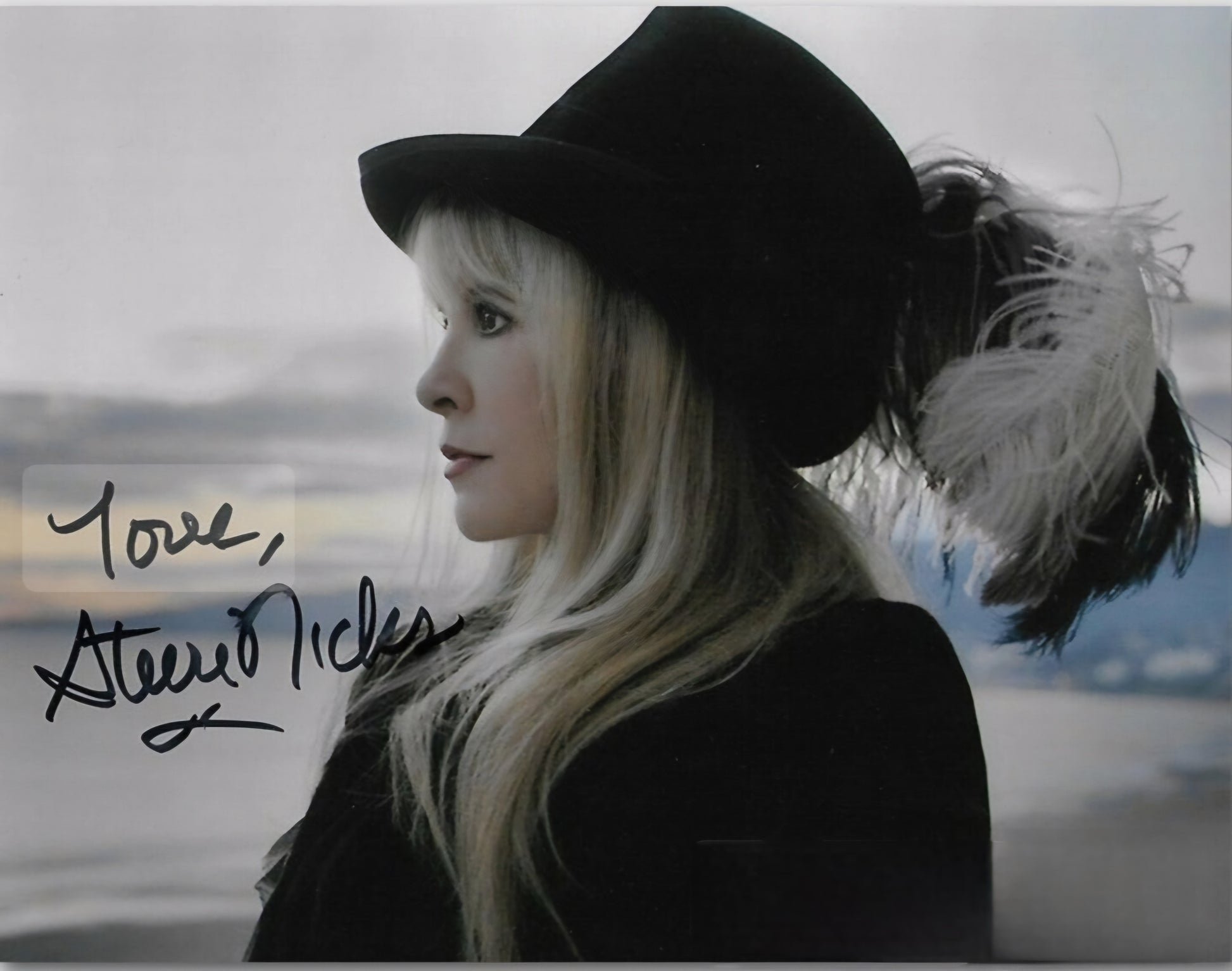 Stevie Nicks signed photo black hat bird feather Hat by the ocean