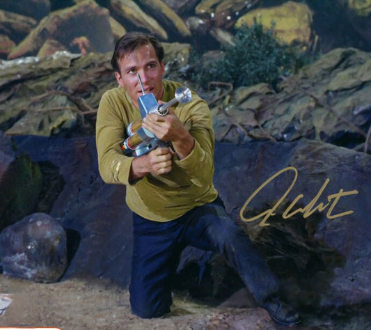 William Shatner signed photo gold marker shooting Space Gun Star Wars scene