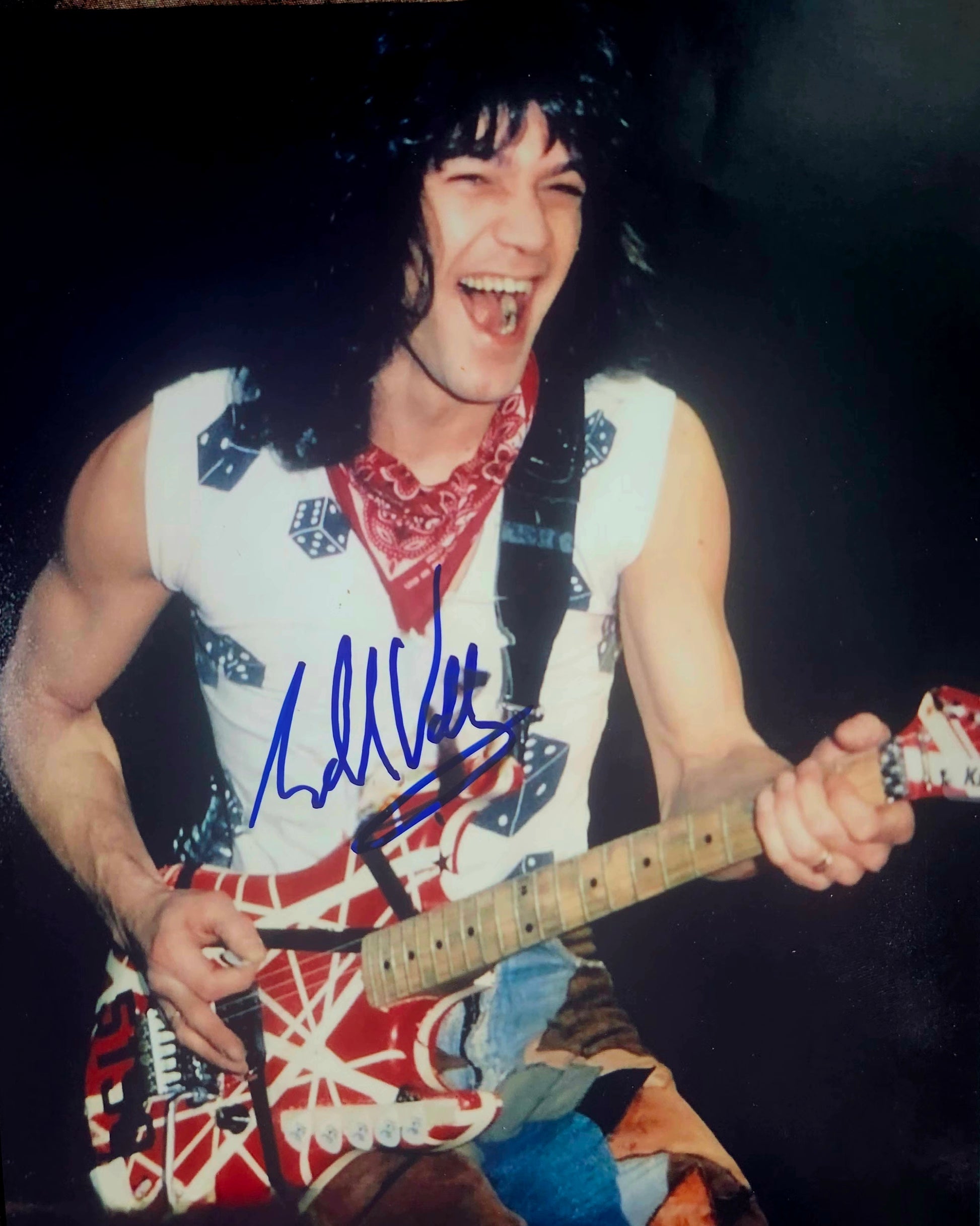 eddie van halen signed photo smiling with guitar