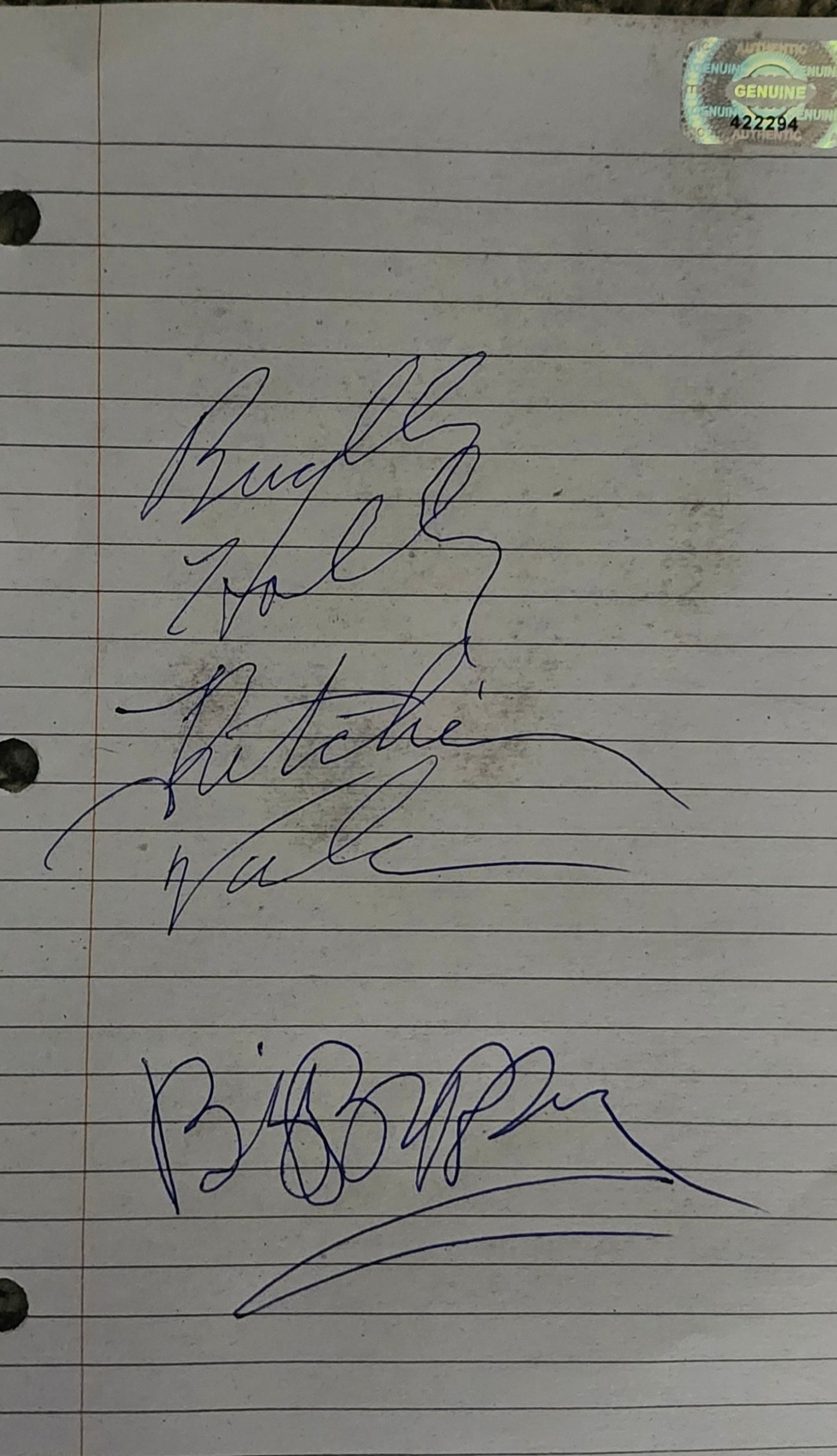 BUDDY HOLLY RITCHIE VALENS BIG BOPPER Signed Paper COA Hologram
