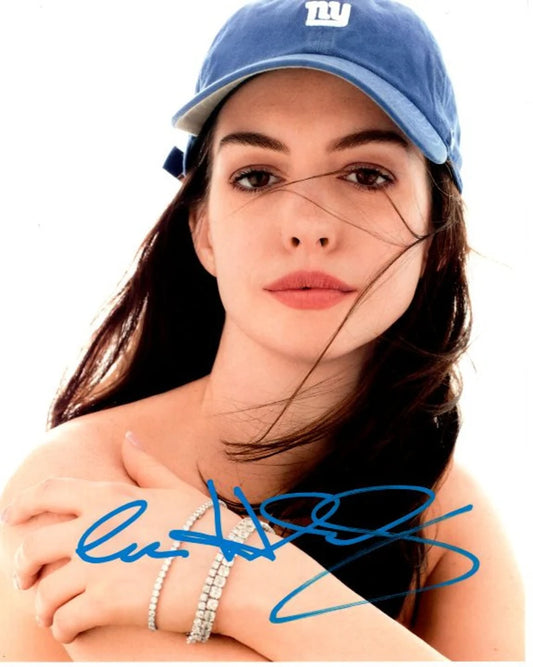 Anne Hathaway signed photo blue baseball cap no shirt